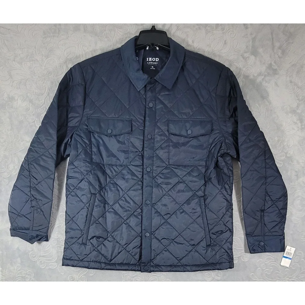 Izod Luxury Classics Men's XL Navy Blue Puffer Jacket Button Snaps Windproof NWT
